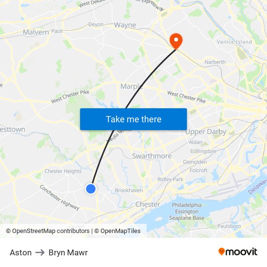 Aston to Bryn Mawr map