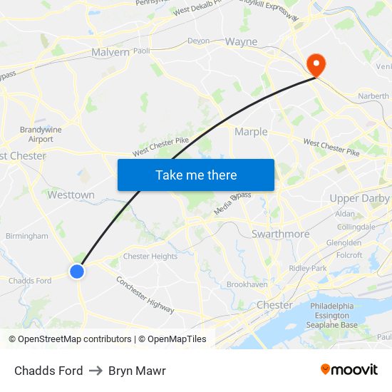 Chadds Ford to Bryn Mawr map