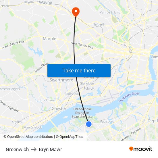 Greenwich to Bryn Mawr map
