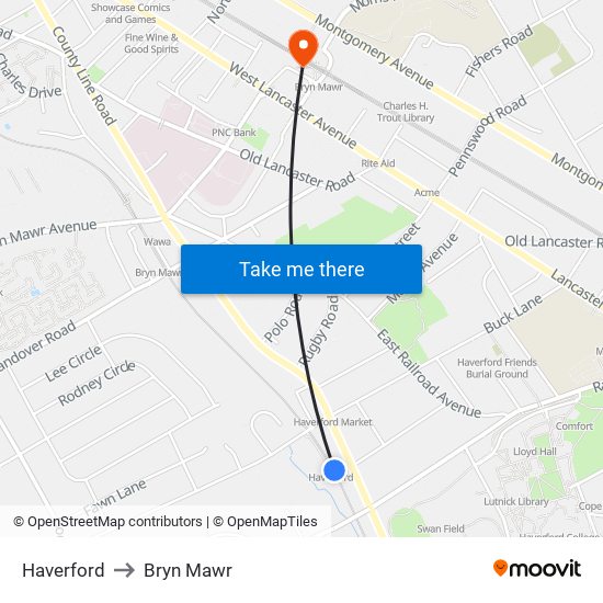 Haverford to Bryn Mawr map