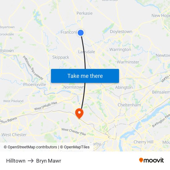 Hilltown to Bryn Mawr map