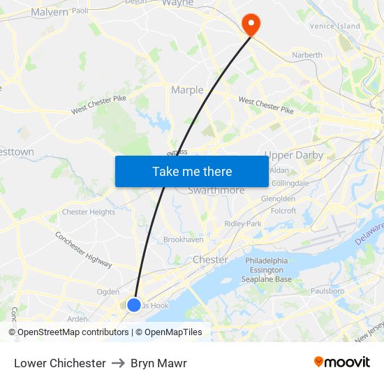 Lower Chichester to Bryn Mawr map