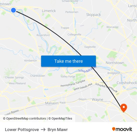 Lower Pottsgrove to Bryn Mawr map