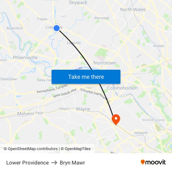 Lower Providence to Bryn Mawr map