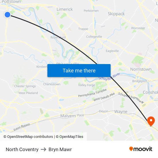 North Coventry to Bryn Mawr map