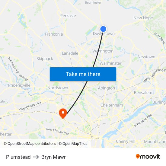 Plumstead to Bryn Mawr map