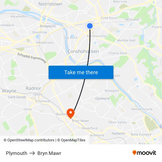 Plymouth to Bryn Mawr map