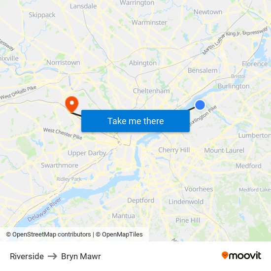 Riverside to Bryn Mawr map