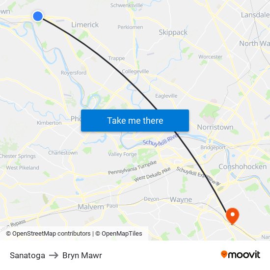 Sanatoga to Bryn Mawr map