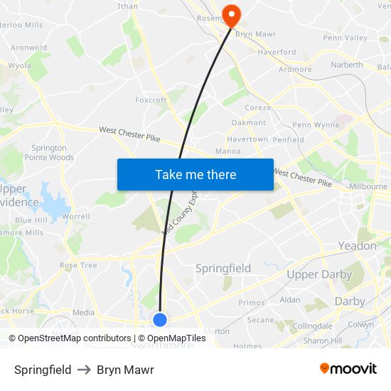 Springfield to Bryn Mawr map