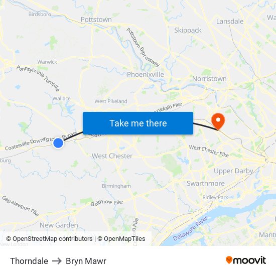 Thorndale to Bryn Mawr map