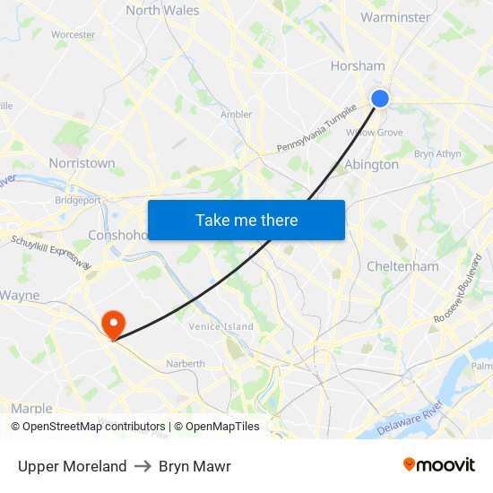 Upper Moreland to Bryn Mawr map