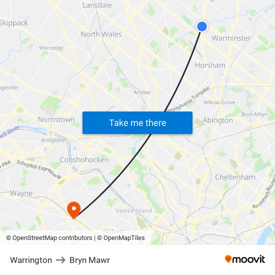 Warrington to Bryn Mawr map