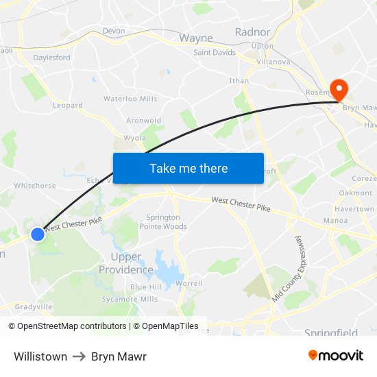 Willistown to Bryn Mawr map