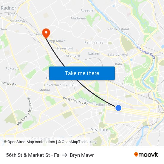 56th St & Market St - Fs to Bryn Mawr map