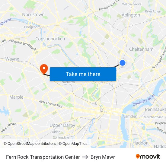 Fern Rock Transit Center to Bryn Mawr map