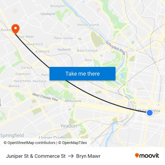 Juniper St & Commerce St to Bryn Mawr map