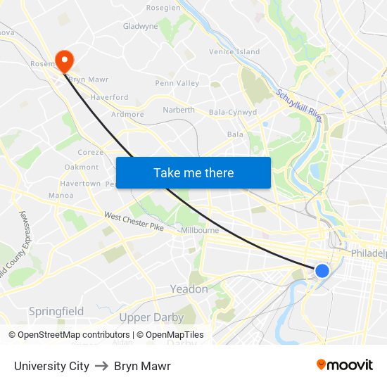 University City to Bryn Mawr map