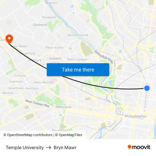 Temple University to Bryn Mawr map