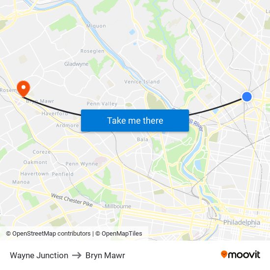 Wayne Junction to Bryn Mawr map