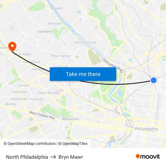 North Philadelphia to Bryn Mawr map
