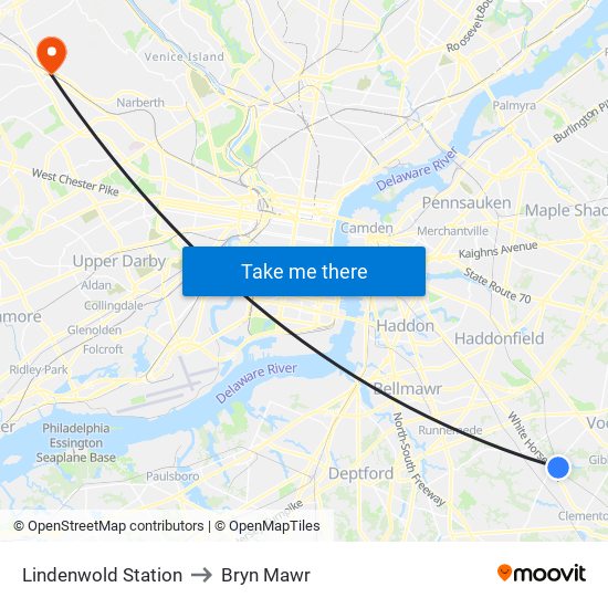 Lindenwold Station to Bryn Mawr map