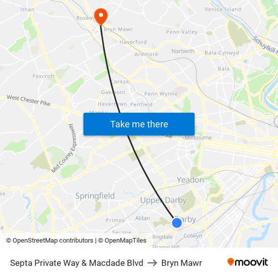 Septa Private Way & Macdade Blvd to Bryn Mawr map
