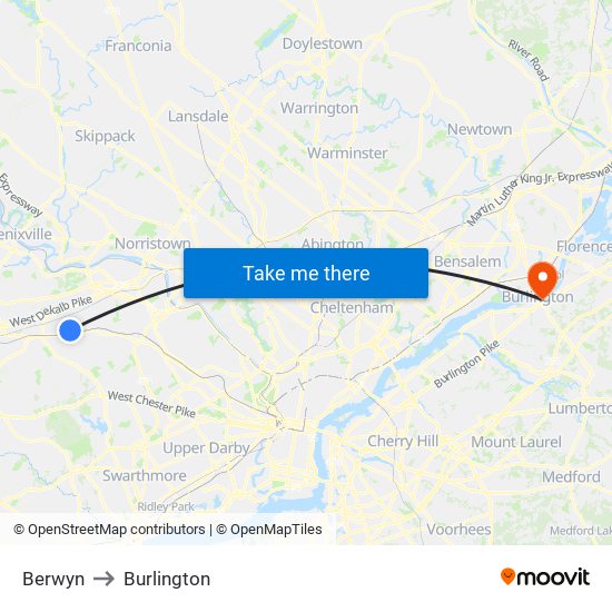 Berwyn to Burlington map