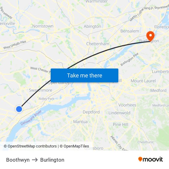 Boothwyn to Burlington map