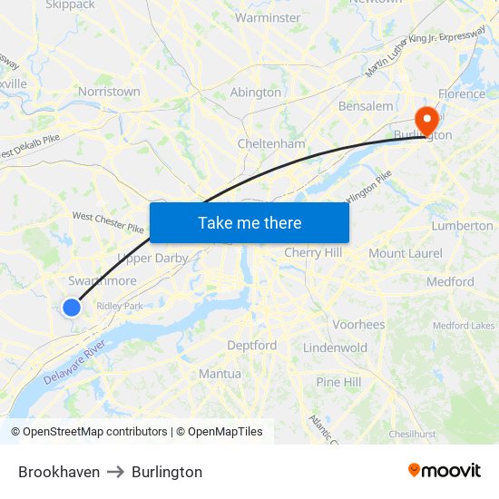 Brookhaven to Burlington map