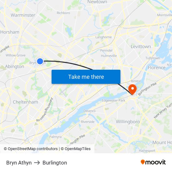 Bryn Athyn to Burlington map
