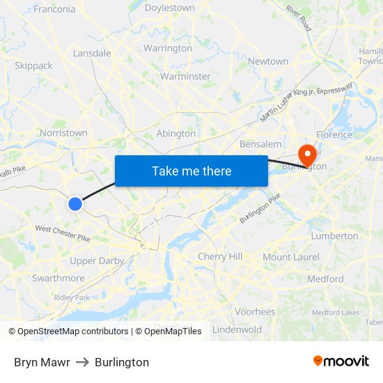 Bryn Mawr to Burlington map