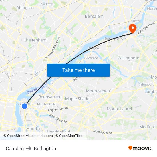 Camden to Burlington map