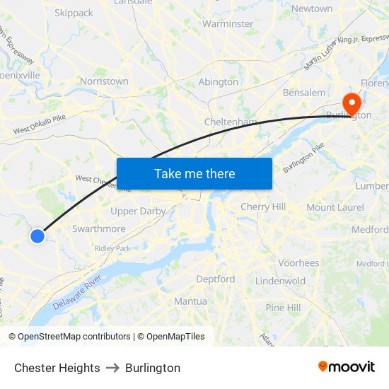 Chester Heights to Burlington map
