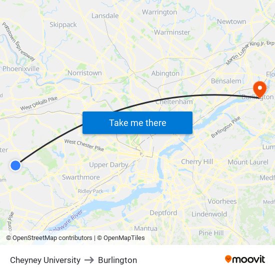 Cheyney University to Burlington map