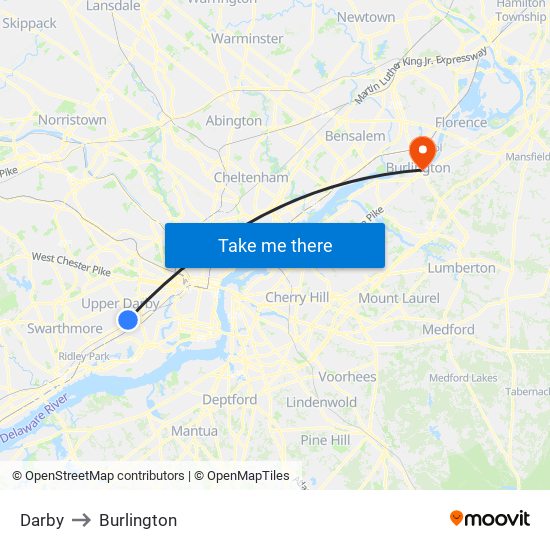 Darby to Burlington map