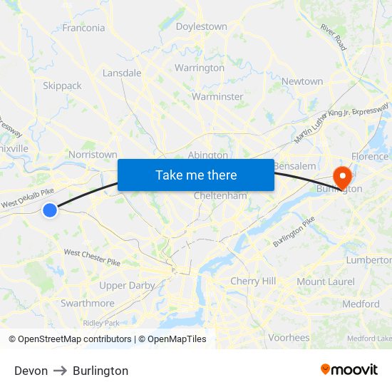 Devon to Burlington map