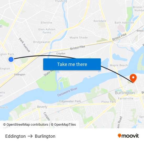 Eddington to Burlington map
