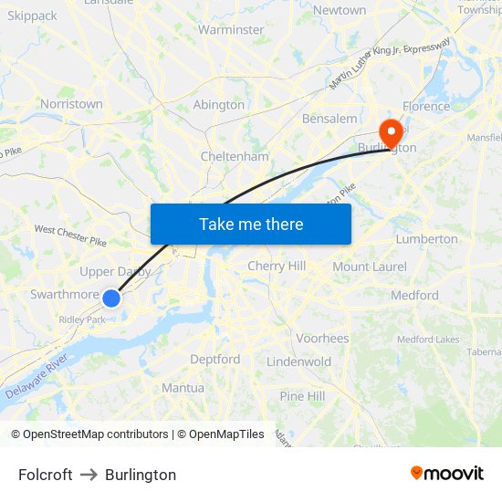Folcroft to Burlington map