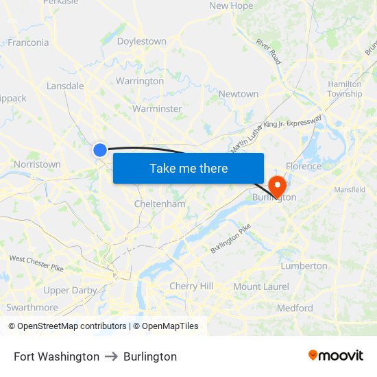 Fort Washington to Burlington map