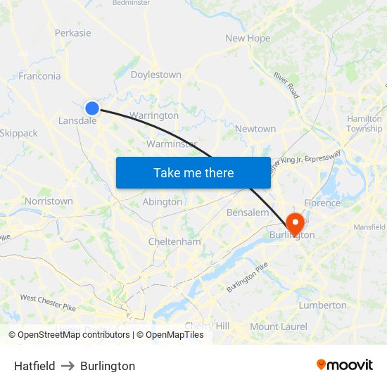 Hatfield to Burlington map