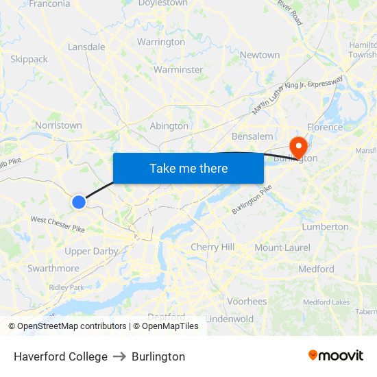Haverford College to Burlington map