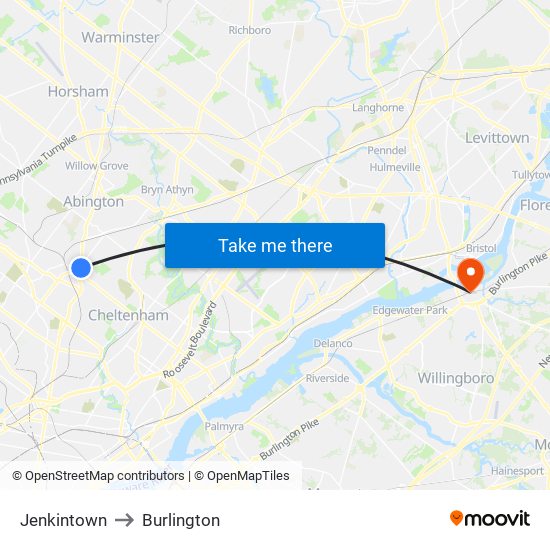 Jenkintown to Burlington map