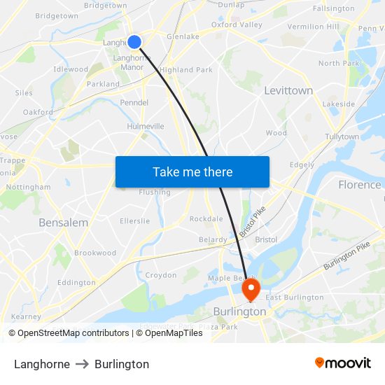 Langhorne to Burlington map
