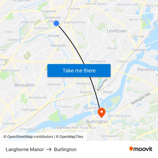 Langhorne Manor to Burlington map