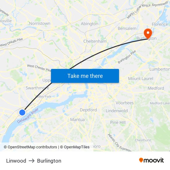 Linwood to Burlington map