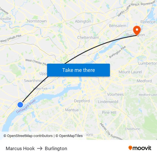 Marcus Hook to Burlington map