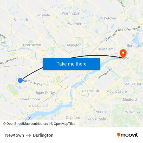 Newtown to Burlington map