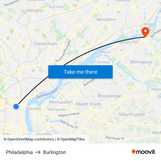 Philadelphia to Burlington map