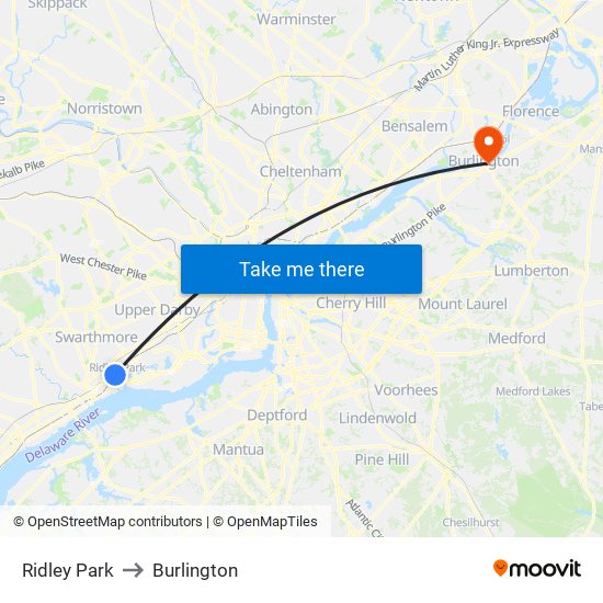 Ridley Park to Burlington map